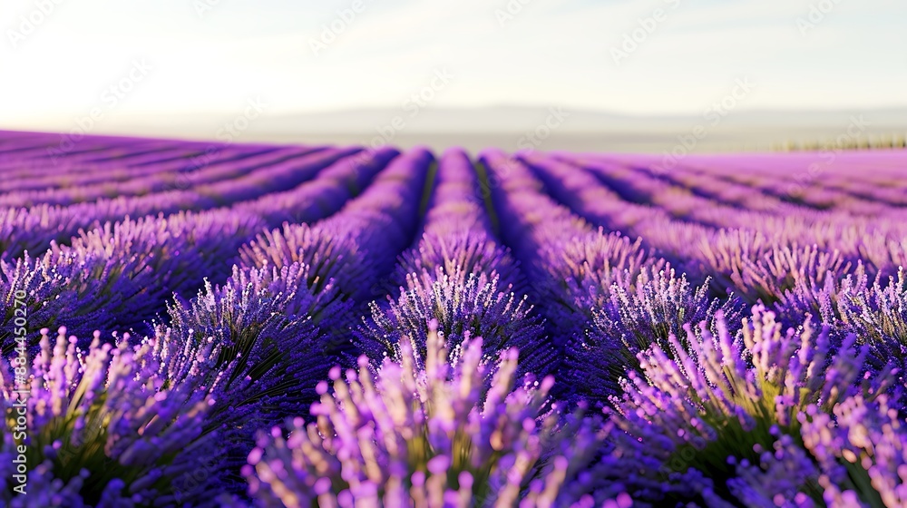 Obraz premium A beautiful lavender field in full bloom, with rows of purple flowers extending to the horizon under a bright, cloudless sky.