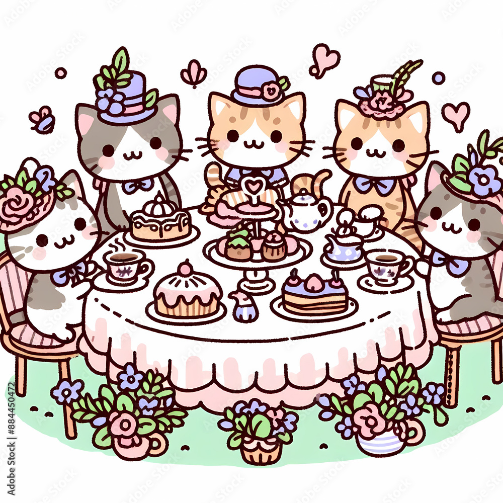 Doodle art cartoon of a group of cats having a tea party Doodle art cartoon of a group of cats having a tea party