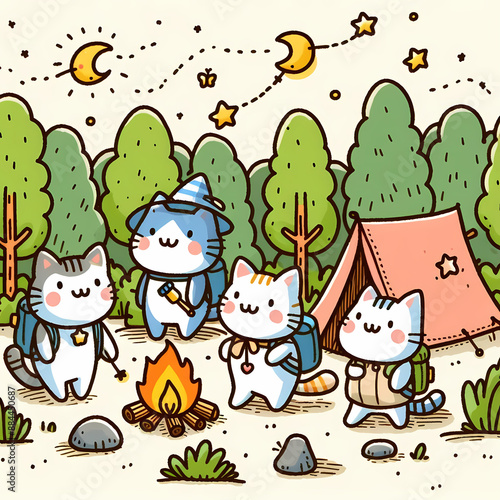 Doodle art cartoon of a group of cats going on a camping trip in the woods