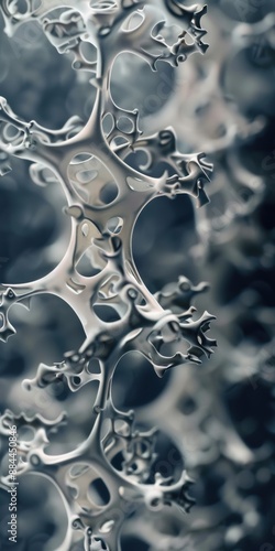 Close-up of a blue and white porous structure with a dark background. photo