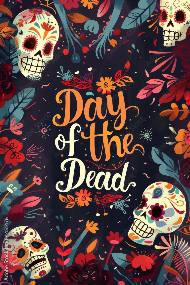 Obraz premium Day of the dead celebration background with colorful sugar skulls and flowers