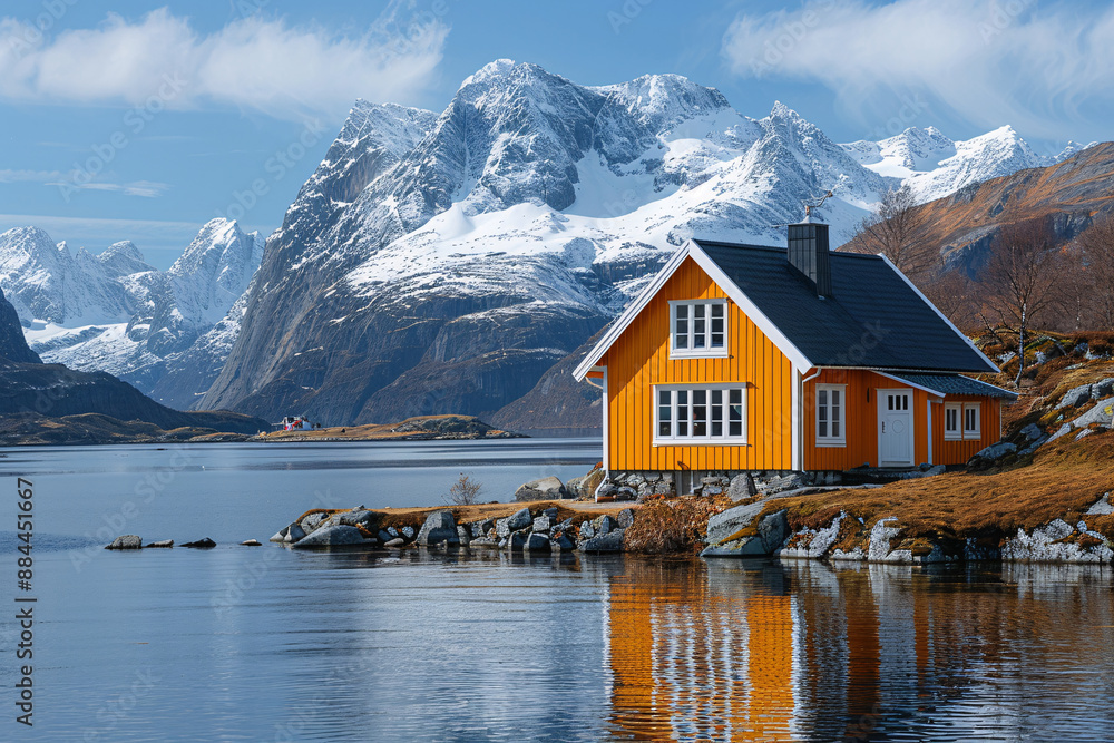 Naklejka premium A solitary yellow Norwegian house by a lake with snowy mountains in the background, reflecting in the calm water under a blue sky