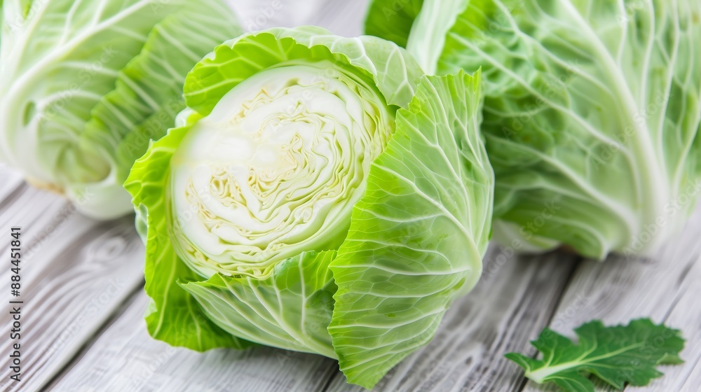 Fototapeta premium High-res image of fresh green cabbage, isolated on white, showcasing fine details and natural texture, ideal for print and digital use, focus cover all object, deep dept of field