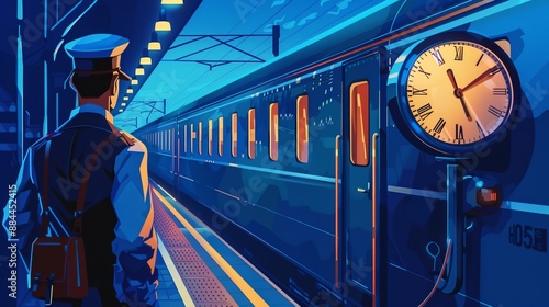 An artistic illustration portrays a conductor standing by a train station platform at night, highlighting the vibrant lights, clock, and detailed aesthetics within a blue-shaded environment. photo