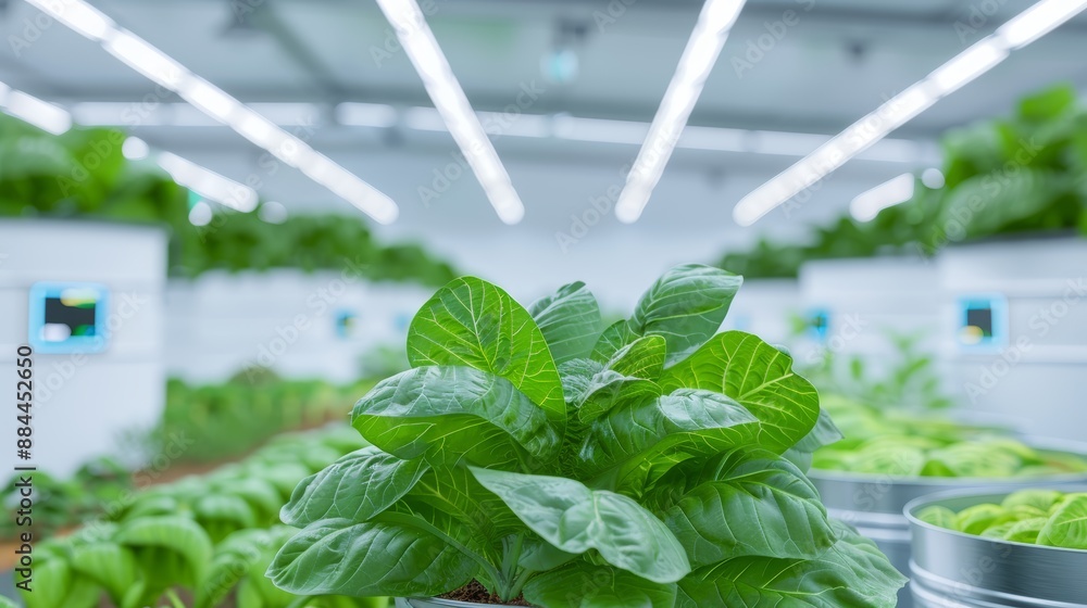High-tech greenhouse with automated compost bins and soil sensors, representing modern agricultural techniques and sustainability, focus cover all object, deep dept of field High-tech greenhouse with automated compost bins and soil sensors, representing modern agricultural techniques and sustainability, focus cover all object, deep dept of field