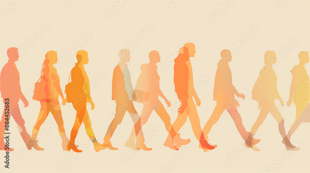 A walking figure in light orange , linear human silhouettes in different shades, simple illustration A walking figure in light orange , linear human silhouettes in different shades, simple illustration