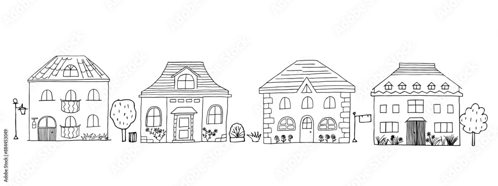 Naklejka premium Houses set. Hand-drawn doodle vector urban illustration. Cartoon habitation. Black and white Children's drawings.
