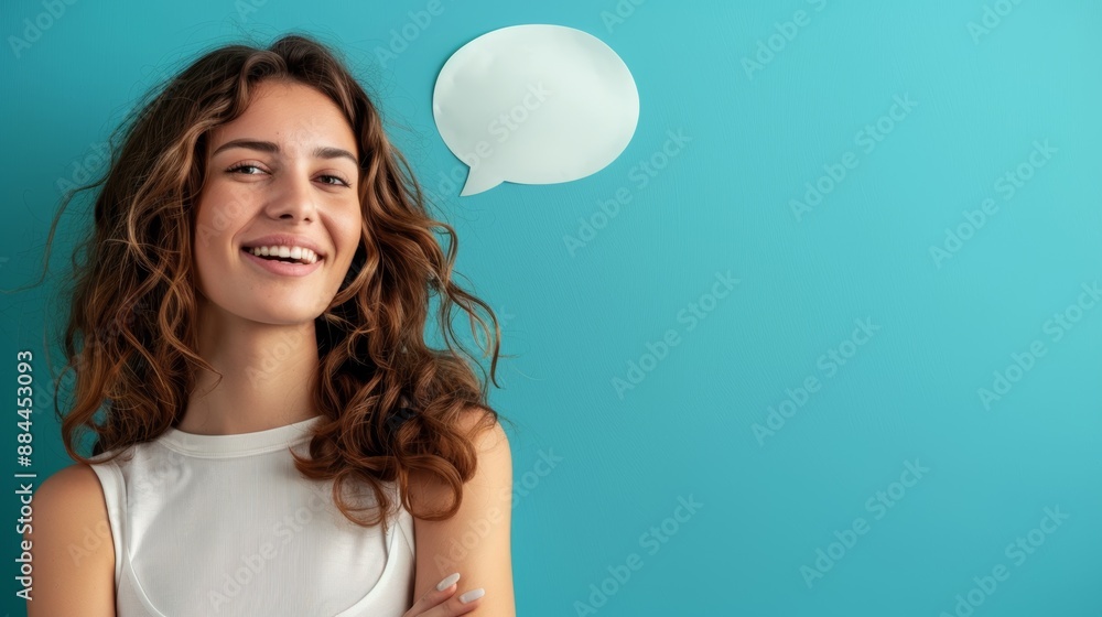 beautiful woman and speech bubble, blue background, copy space for text beautiful woman and speech bubble, blue background, copy space for text