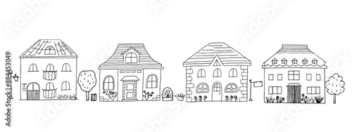 Houses set. Hand-drawn doodle vector urban illustration. Cartoon habitation. Black and white Children's drawings.