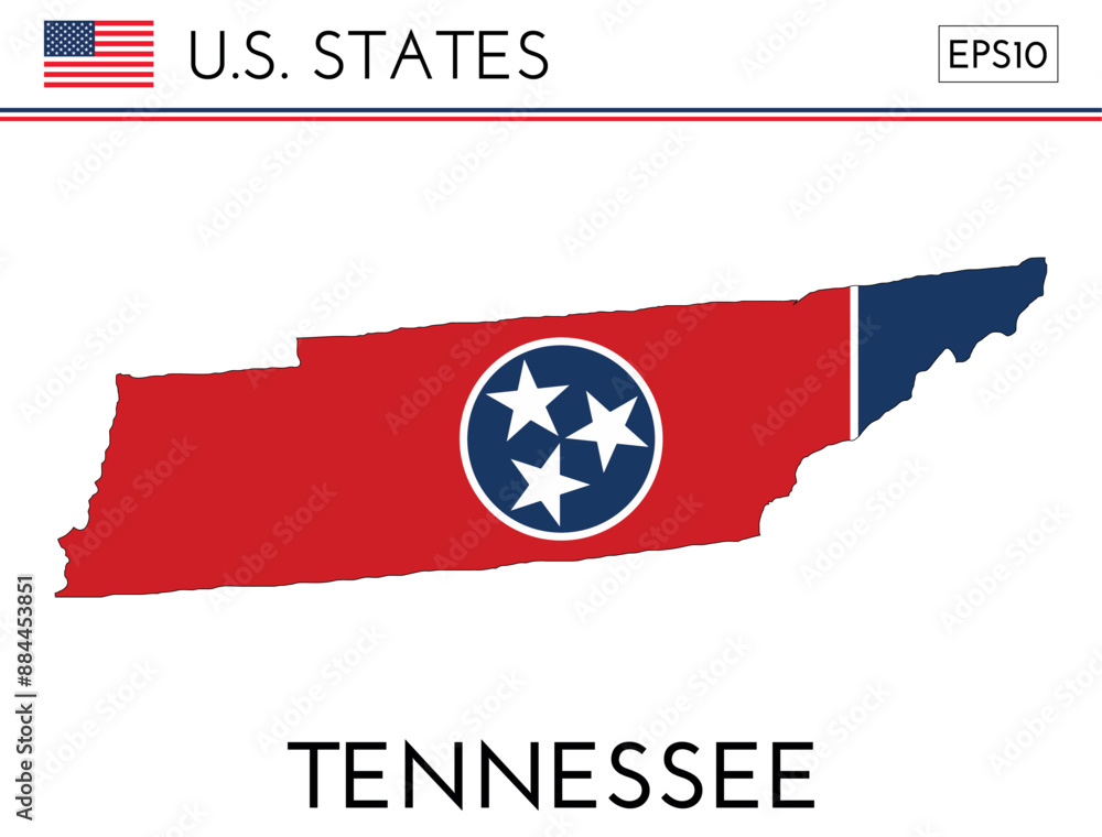Tennessee USA state map shape with flag. Map of Tennessee in the