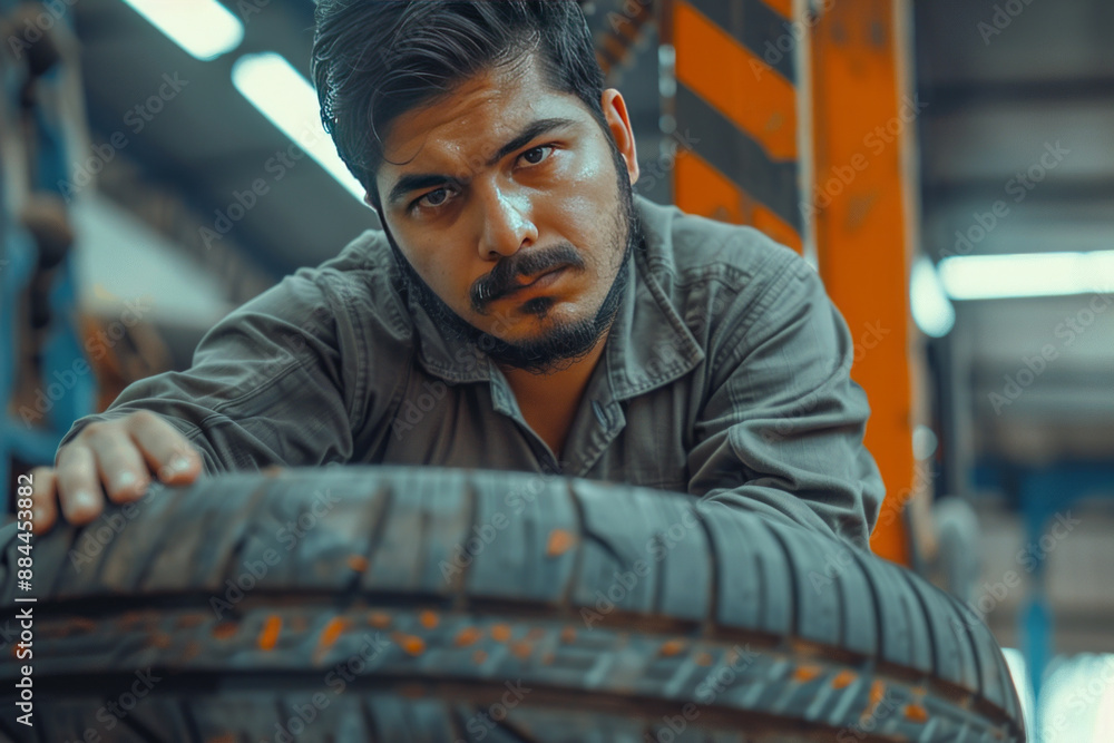 Portrait of professional mechanic and new car tyre at auto repair shop. Technician man at auto repair service center.generative ai Portrait of professional mechanic and new car tyre at auto repair shop. Technician man at auto repair service center.generative ai