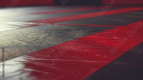 This image displays a close-up view of a wrestling mat with red and black colors, featuring light marks from previous use, indicative of intense training and sportsmanship.