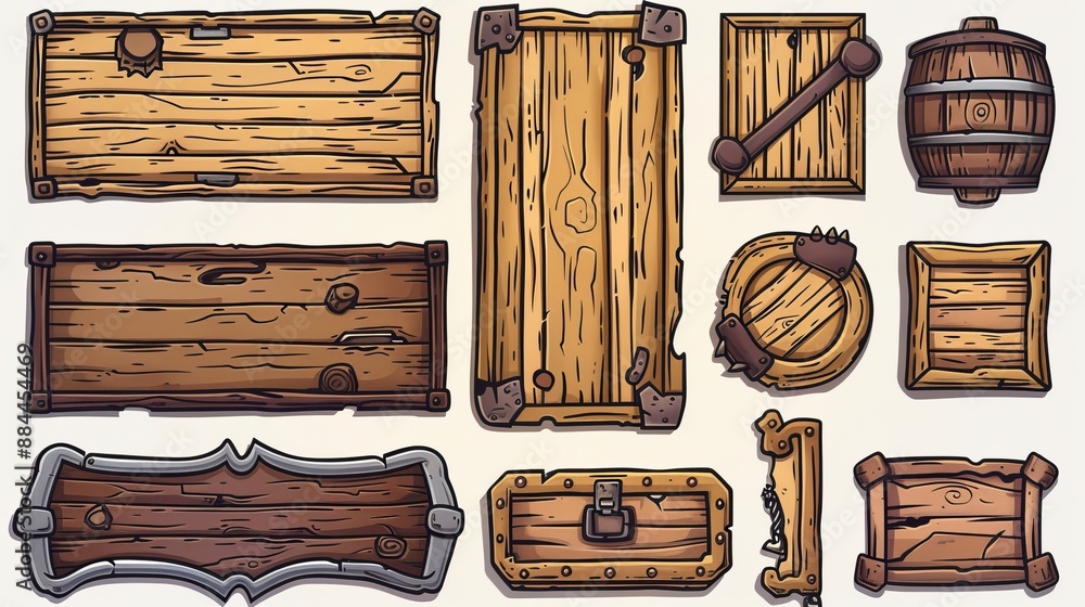 Naklejka premium An artistic illustration featuring various wooden boxes and barrels, showcasing different styles, shapes, and textures with intricate detailing and vibrant coloring.