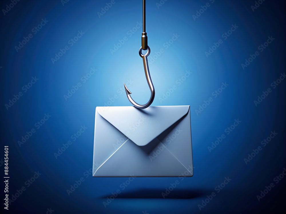 Fishing hook with envelope icon hangs ominously against dark blue background, symbolizing cyber hackers infiltrating and gathering sensitive data from unsuspecting email victims. Fishing hook with envelope icon hangs ominously against dark blue background, symbolizing cyber hackers infiltrating and gathering sensitive data from unsuspecting email victims.