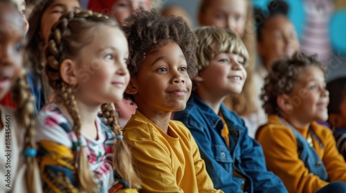 A group of diverse children sitting attentively, watching a performance or presentation with bright smiles.