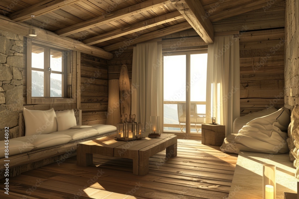 Obraz premium Warm sunlight floods a rustic wooden cabin presenting a peaceful retreat atmosphere