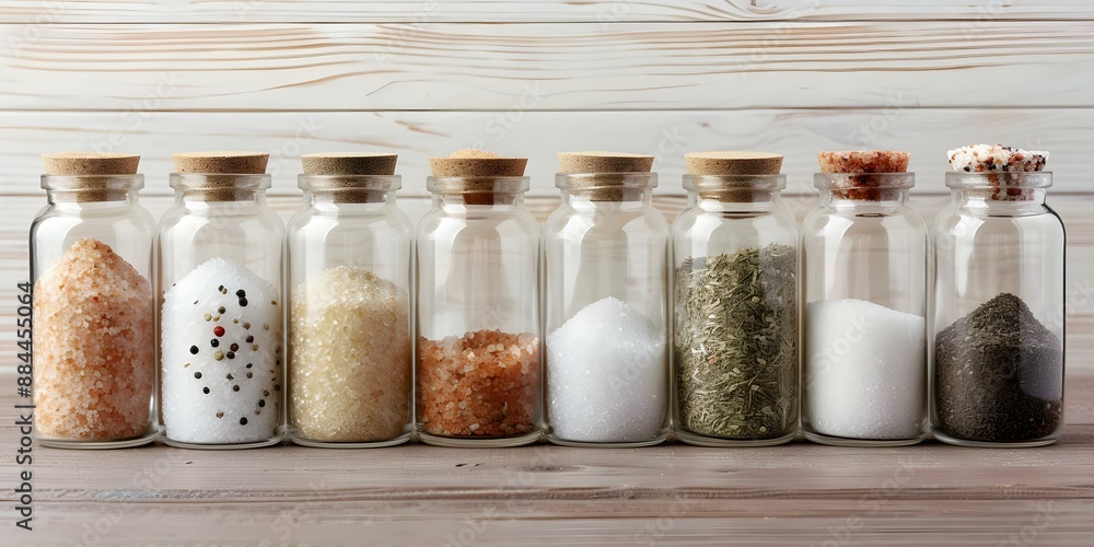 Stock photo of assorted salt jars for gourmet cooking. Concept Kitchen Essentials, Gourmet Cuisine, Food Photography, Culinary Creativity Stock photo of assorted salt jars for gourmet cooking. Concept Kitchen Essentials, Gourmet Cuisine, Food Photography, Culinary Creativity
