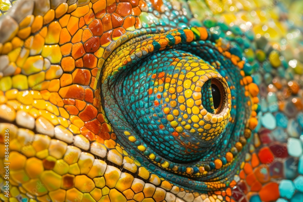 Fototapeta premium Macro photo capturing the stunning detail and color of a chameleon's eye and multicolored scales