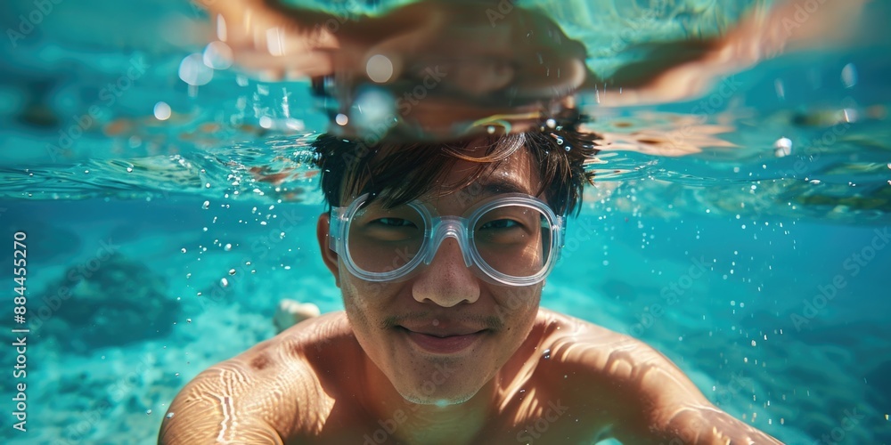Naklejka premium A person swimming laps in a pool while wearing goggles for protection and clear vision