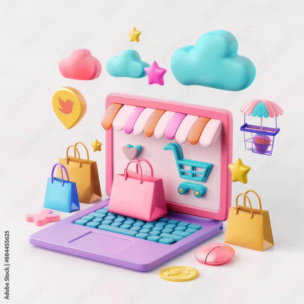 Fototapeta premium 3D eCommerce Icon Artwork Around Laptop