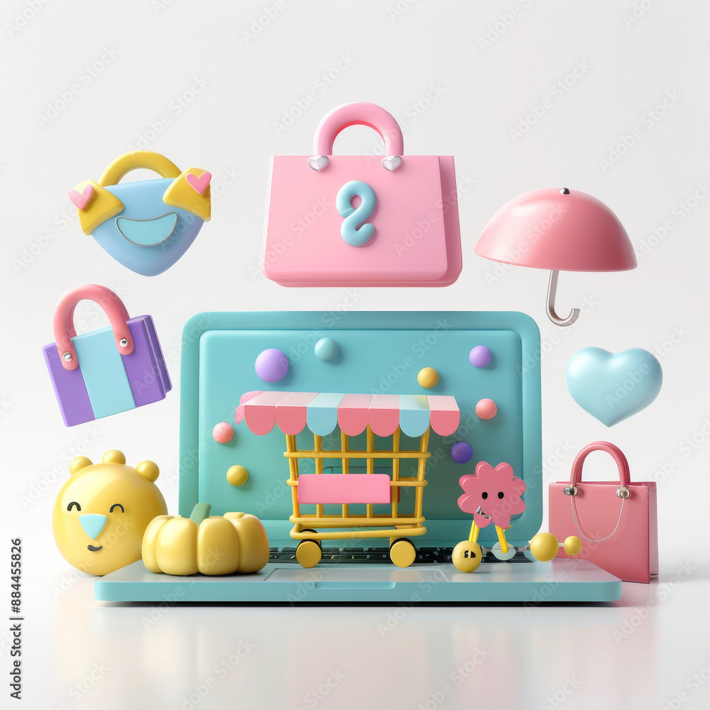 Fototapeta premium Cute 3D eCommerce Icons Surrounding Laptop