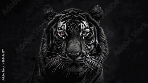 A realistic depiction of a tiger with an intense gaze, set against a black background, highlighting its detailed fur and fierce expression, evoking fear and admiration.