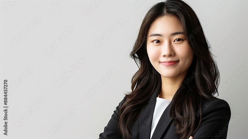 A young Asian woman, a successful entrepreneur, stands in office attire, smiling and confidently, against a white background A young Asian woman, a successful entrepreneur, stands in office attire, smiling and confidently, against a white background