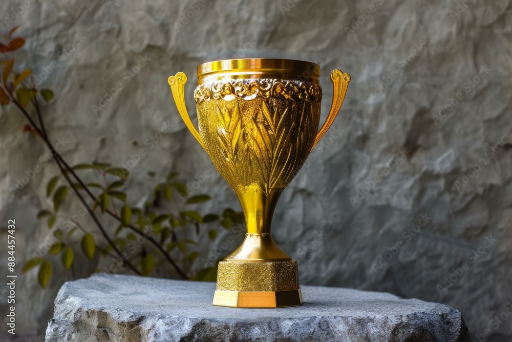 Elegant gold trophy cup displayed prominently on a gray stone stand with a leafy backdrop Elegant gold trophy cup displayed prominently on a gray stone stand with a leafy backdrop