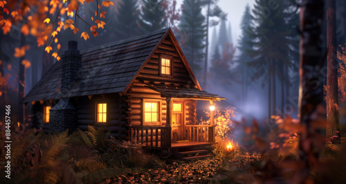 Cozy autumn forest cabin with warm 3D lighting and realistic textures