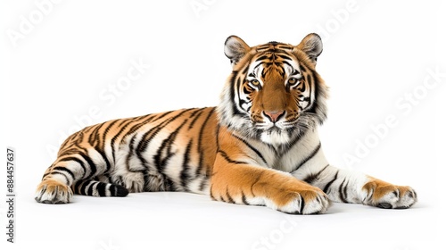 A beautiful tiger rests on a clear white ground, its muscles relaxed and its eyes focused forward. The creature’s natural markings provide a stunning visual contrast.