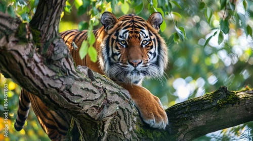 A majestic tiger perched on a sturdy tree branch, surrounded by lush greenery, captures a moment of natural beauty and tranquility in the wild. photo