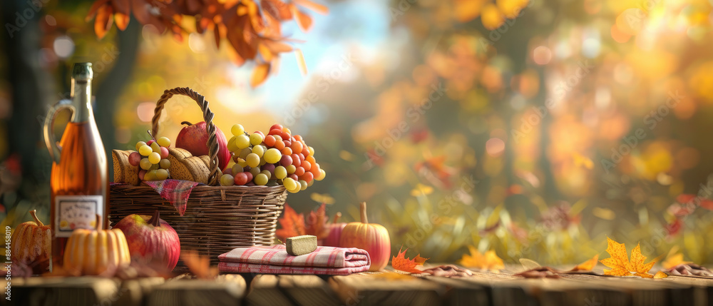 Vibrant 3D autumn park picnic scene with detailed environment Vibrant 3D autumn park picnic scene with detailed environment