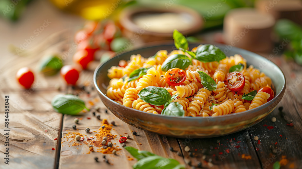 gluten-free pasta in a bowl with fresh basil leaves and cherry tomatoes on a rustic wooden table. gluten-free pasta in a bowl with fresh basil leaves and cherry tomatoes on a rustic wooden table.