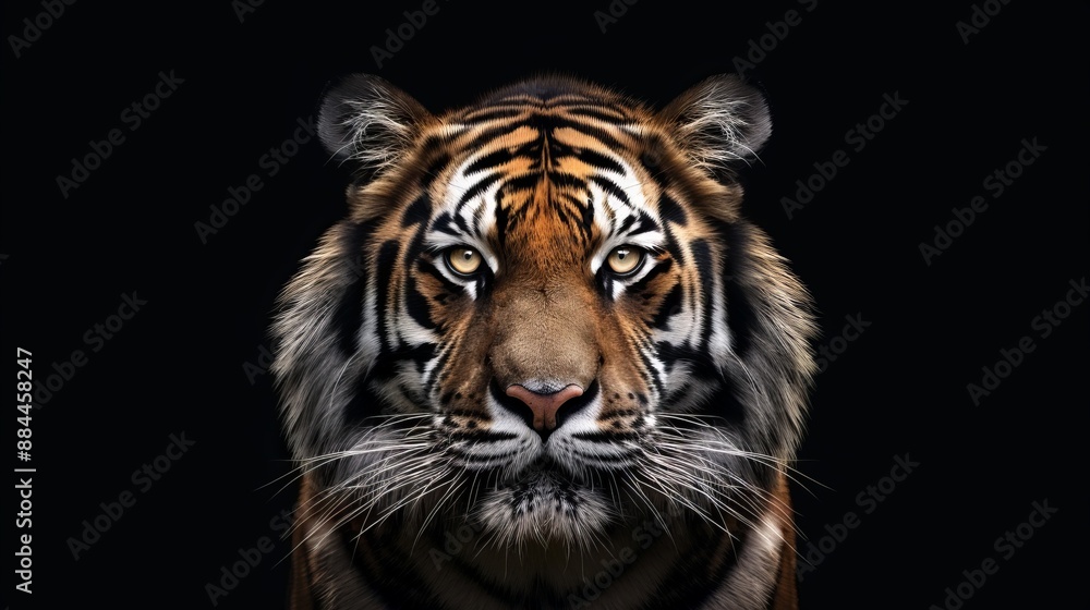 Fototapeta premium Vivid portrait of a tiger with a steady and intense look, artfully framed against a black background, highlighting the tiger's regal and composed demeanor.