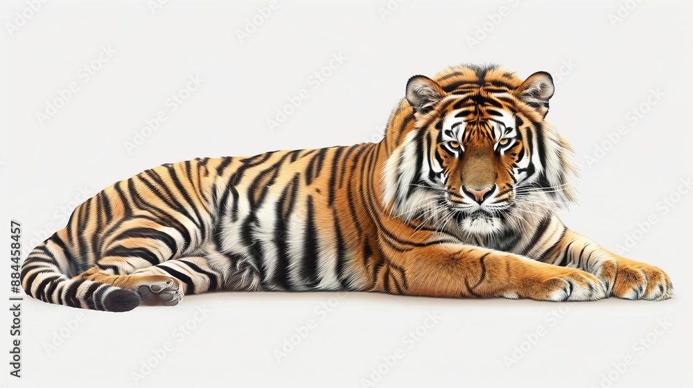 The image captures a tiger resting gracefully on the ground, exuding an aura of calm authority and strength in a pristine setting, emphasizing its natural beauty. The image captures a tiger resting gracefully on the ground, exuding an aura of calm authority and strength in a pristine setting, emphasizing its natural beauty.
