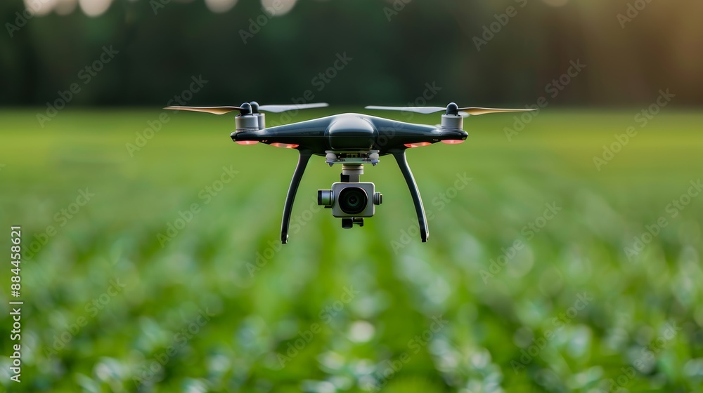 Macro shot of a drone dispersing nutrients over a rich, green field, highlighting the precision and innovation in farming technology, focus cover all object, deep dept of field Macro shot of a drone dispersing nutrients over a rich, green field, highlighting the precision and innovation in farming technology, focus cover all object, deep dept of field