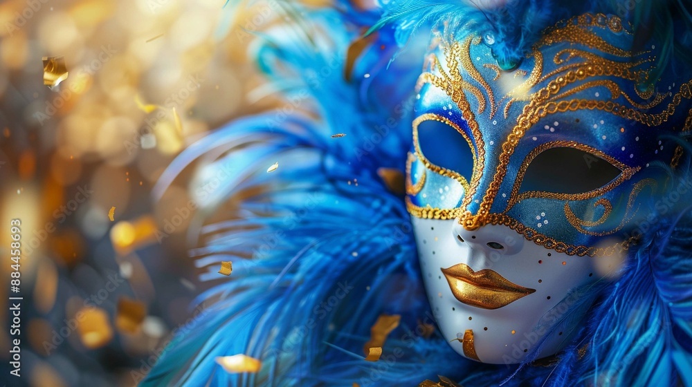 Realistic luxury carnival mask with blue feathers. Abstract blurred background, gold dust Realistic luxury carnival mask with blue feathers. Abstract blurred background, gold dust