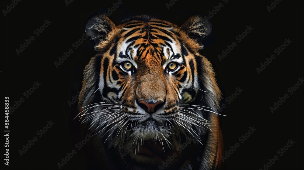 A close-up photographic portrait of a tiger's face with a piercing gaze, capturing every detail of its fur and eyes in high resolution, set against a black background. A close-up photographic portrait of a tiger's face with a piercing gaze, capturing every detail of its fur and eyes in high resolution, set against a black background.