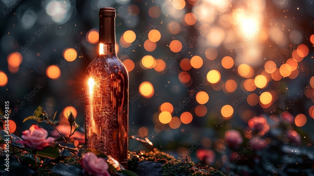 A bottle of wine is on a wooden table next to a potted plant A bottle of wine is on a wooden table next to a potted plant