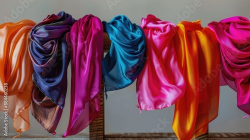 Wallpaper Mural A stunning collection of vibrant silk scarves draped elegantly on a minimalist wooden stand. Torontodigital.ca