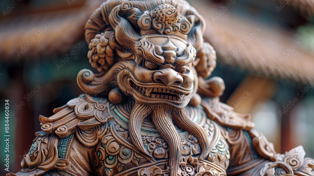 Fototapeta premium Closeup of a Chinese Guardian Lion Statue.