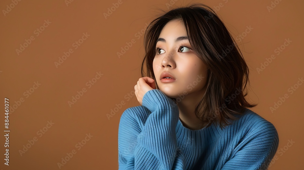 [A thoughtful Asian woman, wearing a casual blue jumper, with her hand on chin looking pensive, posed against a brown background with empty copy space for your advertising content, contemplating about [A thoughtful Asian woman, wearing a casual blue jumper, with her hand on chin looking pensive, posed against a brown background with empty copy space for your advertising content, contemplating about