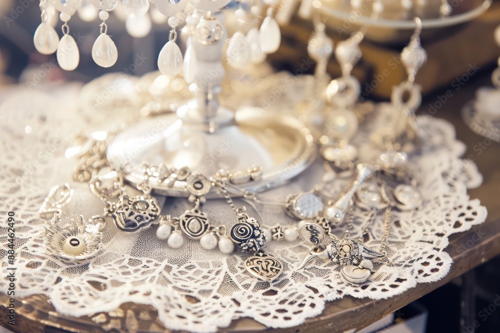 Obraz premium white pearl necklace on black background