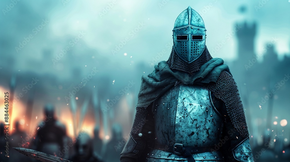 A ghostly knight in ceremonial armor, patrolling the battlements of a haunted castle, Historical, Dark Tones, Hyperrealistic A ghostly knight in ceremonial armor, patrolling the battlements of a haunted castle, Historical, Dark Tones, Hyperrealistic
