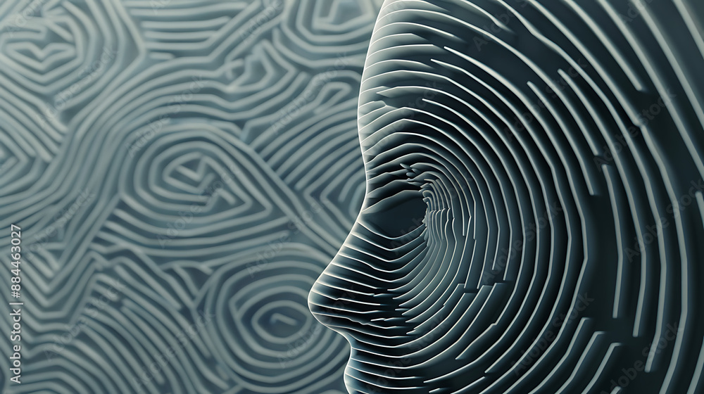 a stylized representation of a human head in profile view, composed of concentric circular lines forming a maze or labyrinth pattern a stylized representation of a human head in profile view, composed of concentric circular lines forming a maze or labyrinth pattern