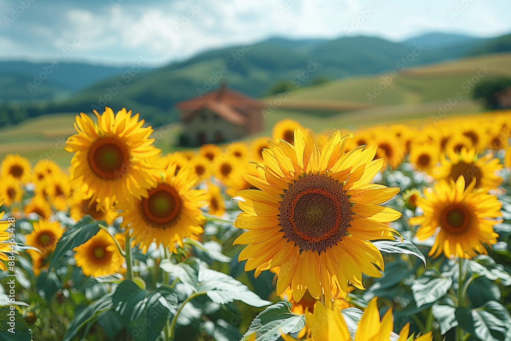 Fototapeta premium Bright sunflowers in a lush field with green hills and a distant cottage. Sunlight enhances the vibrant yellow petals and lush green foliage