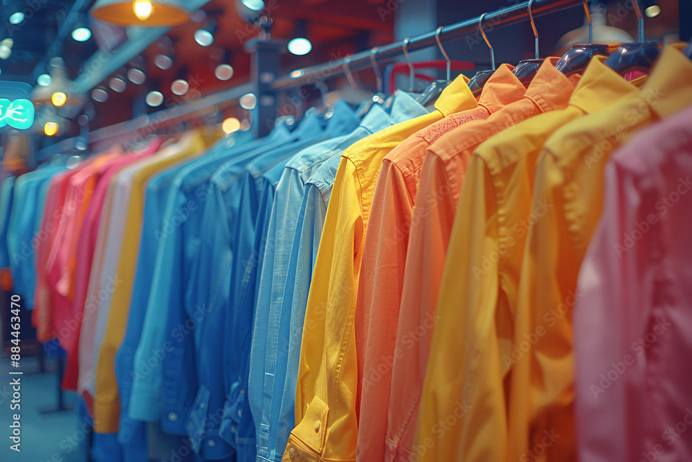 Brightly colored shirts neatly hung on racks in a store, showcasing a vibrant and organized retail display Brightly colored shirts neatly hung on racks in a store, showcasing a vibrant and organized retail display