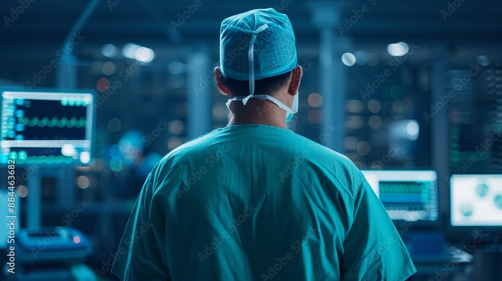 A doctor in scrubs, evaluating medical apparel in a hightech hospital, SciFi, Soft Light, Hyperrealistic A doctor in scrubs, evaluating medical apparel in a hightech hospital, SciFi, Soft Light, Hyperrealistic