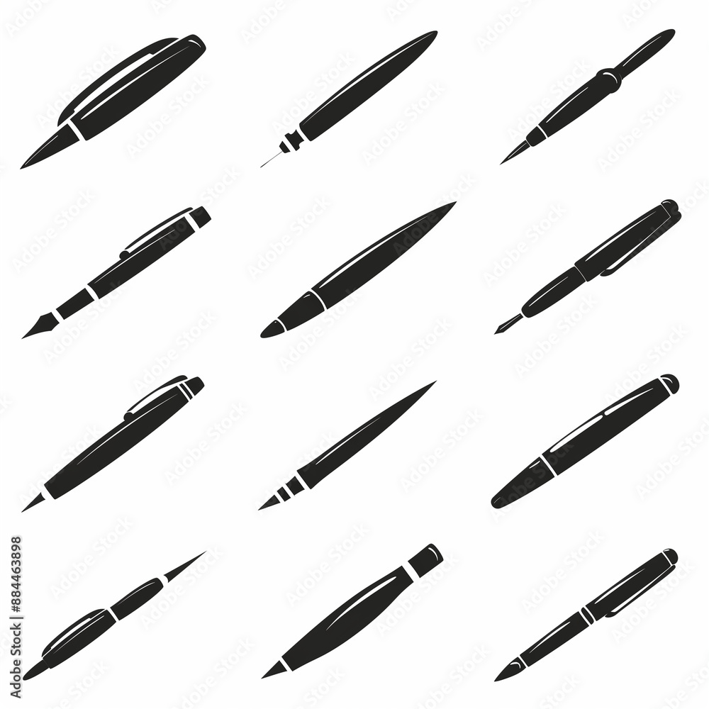 A set of pens and pencils are shown in a row. The pens are all black and have different shapes. Concept of a variety of writing tools available for use A set of pens and pencils are shown in a row. The pens are all black and have different shapes. Concept of a variety of writing tools available for use