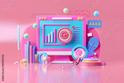 3D illustration of Digital marketing, Seo optimization and smm concept for target icon, digital web page, website development